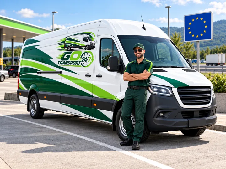 Illustratie: Lachende chauffeur met zonnebril en Go Transport-camionette bij een Europees verkeersbord