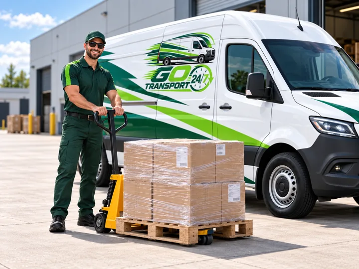 Illustratie: Lachende medewerker met zonnebril bij een pallet met dozen